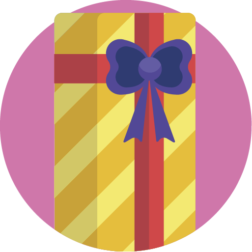 Ein stilisiertes Geschenk mit gelber Box, roter Schleife und blauer Verzierung auf rosa Hintergrund.