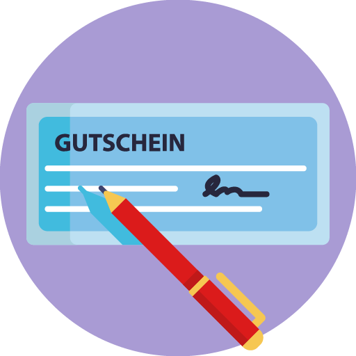 Ein hellblauer Gutschein mit dem Wort "GUTSCHEIN" und ein rot-gelber Stift vor lila Hintergrund.