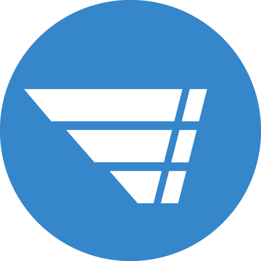 Ein blaues Logo mit drei weißen, parallelen Streifen, die wie stilisierte Flügel oder Pfeile aussehen.