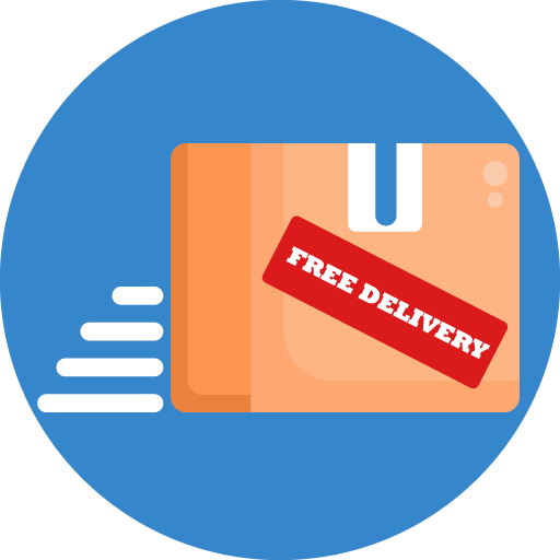 Ein Paket mit "Free Delivery"-Etikett in Bewegung, symbolisiert schnelle, kostenlose Lieferung.