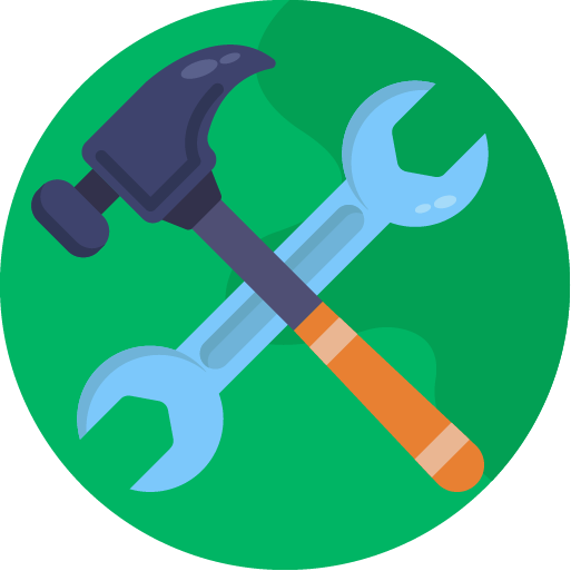 Ein Hammer und ein Schraubenschlüssel überkreuzen sich vor einem grünen Hintergrund.