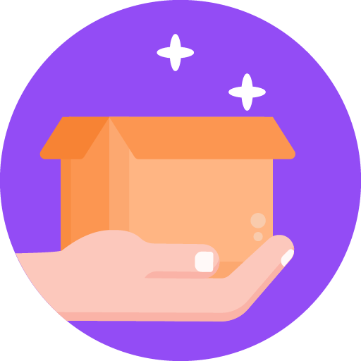 Eine Hand hält eine geöffnete orangefarbene Schachtel, darüber funkeln zwei weiße Sterne auf lila Hintergrund.