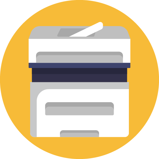 Stilisiertes Kopiergerät auf gelbem Hintergrund, minimalistisch in Weiß- und Grautönen gestaltet.