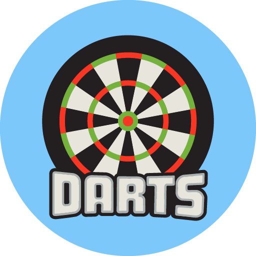 Stilisierte Dartscheibe mit Schriftzug "DARTS" auf hellblauem Hintergrund, sportlich und energiegeladen.