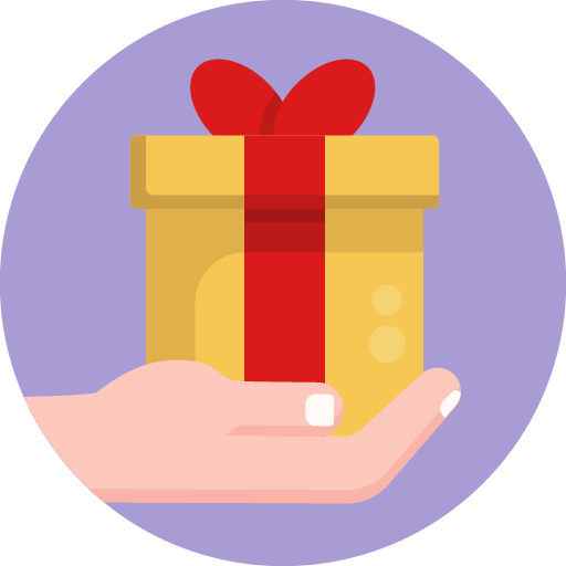 Eine Hand hält ein gold-gelbes Geschenk mit rotem Band vor einem lila Hintergrund.