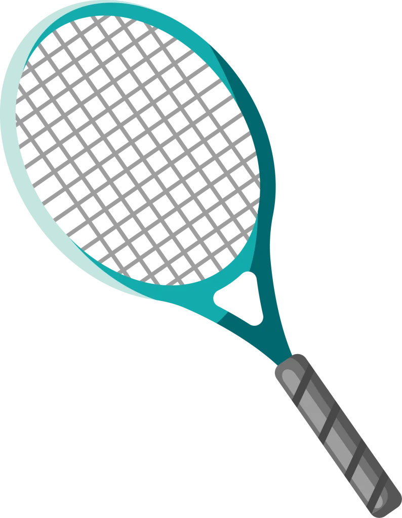 Ein blaugrüner Tennisschläger mit grauer Bespannung und geriffeltem Griff, statisch dargestellt.